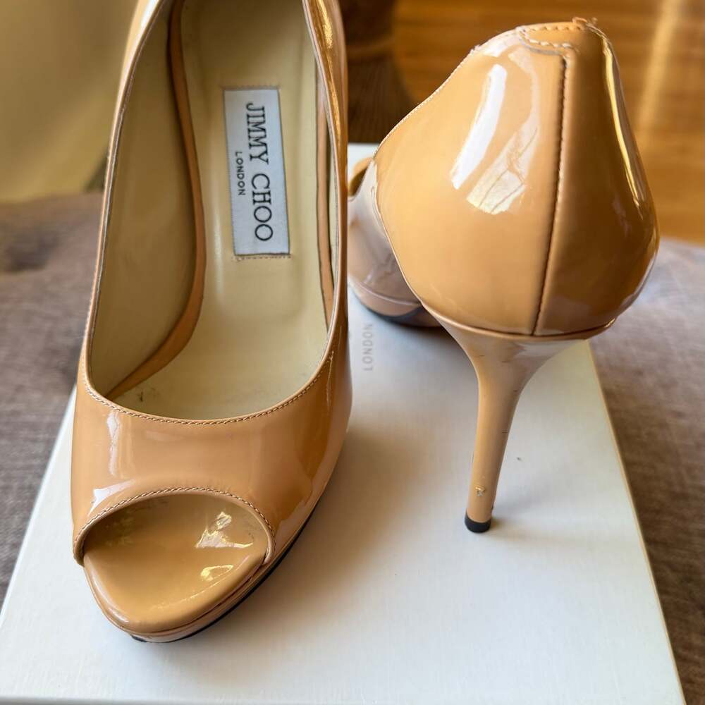 Jimmy Choo Baxen Nude Patent Leather Peep-Toe Wedge Pumps